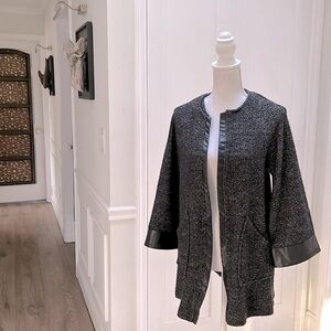 Zara Women’s Open Front Tweed Jacket Faux Leather Trim Gray Size M